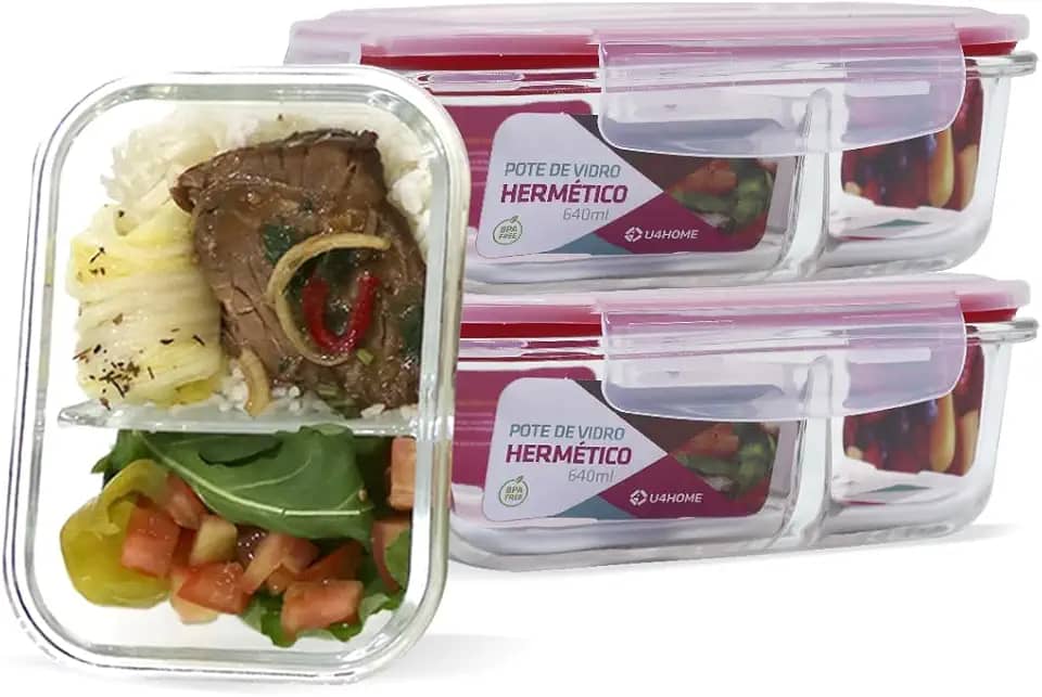Kit 3 Pote de Vidro Retangular com Divisória e Tampa Hermética 640ml - Vermelho