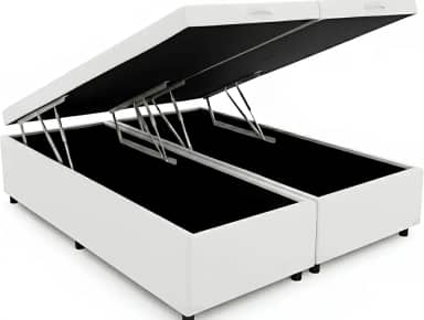 Cama Box Baú Queen Bipartido 79, Blindado, Pistão á Gás, Pés de Madeira (Corino, Branco)