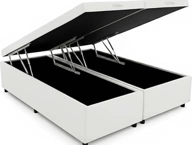 Cama Box Baú King Bipartido 96, Blindado, Pistão á Gás, Pés de Madeira (Corino, Branco)