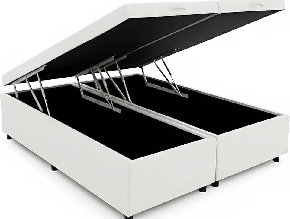 Cama Box Baú King Bipartido 96, Blindado, Pistão á Gás, Pés de Madeira (Corino, Branco)