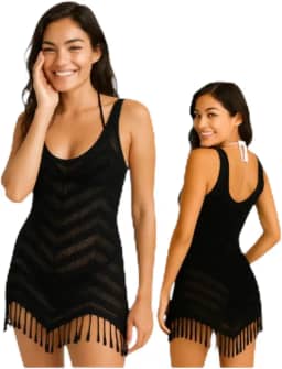 Saída de Praia em Crochê, Vestido com Decote V, Franja na Barra, Disponível em Verde, Amarelo e Preto