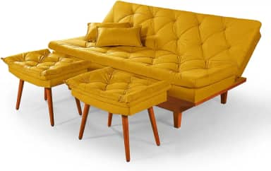 Sofa Cama Reclinavel Caribe Com Duas Banquetas Rubi Suede Amarelo