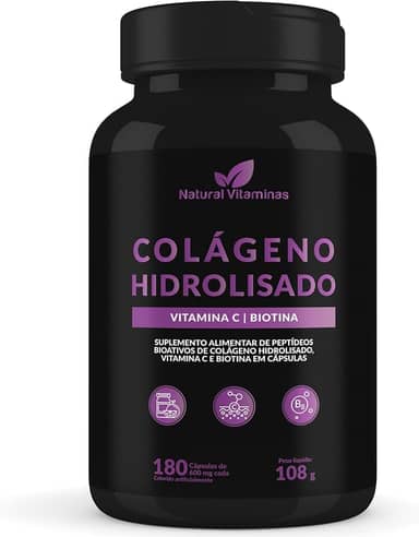 Colágeno Hidrolisado com Biotina e Vitamina C - Suporte para Ossos, Cabelo, Pele e Unhas Saudáveis. 1 Pote com 60 Cápsula de 580mg - Natural Vitaminas