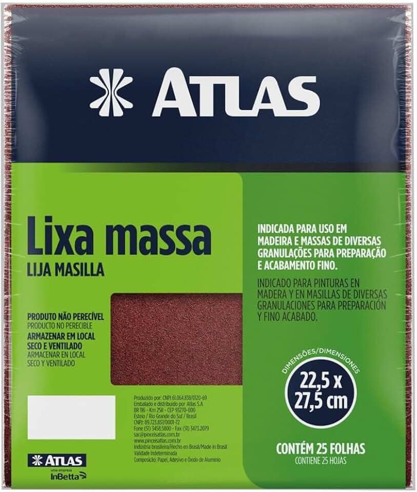 Atlas - Lixa para Massa com Grão 180 e Verso em Papel, Tamanho 22,5 x 27,5 cm