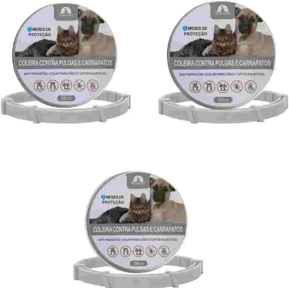Kit com 3 Coleiras Antipulgas para Cães e Gatos com até 8 Meses de Proteção Contra Carrapatos Mosquitos Piolhos Pulgas (38 cm)