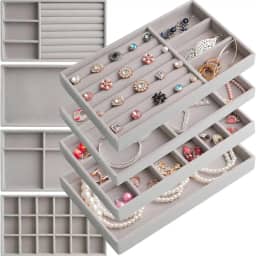 Kit 4 Bandejas Para Jóias Bijuterias Organizadores de Gavetas Divisorias Veludo (Cinza)