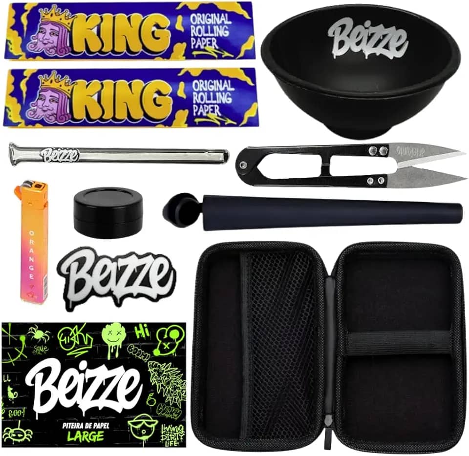 Kit 10 itens Tabacaria Case Slick Isqueiro Cuia Piteira de Vidro Moco Sedas