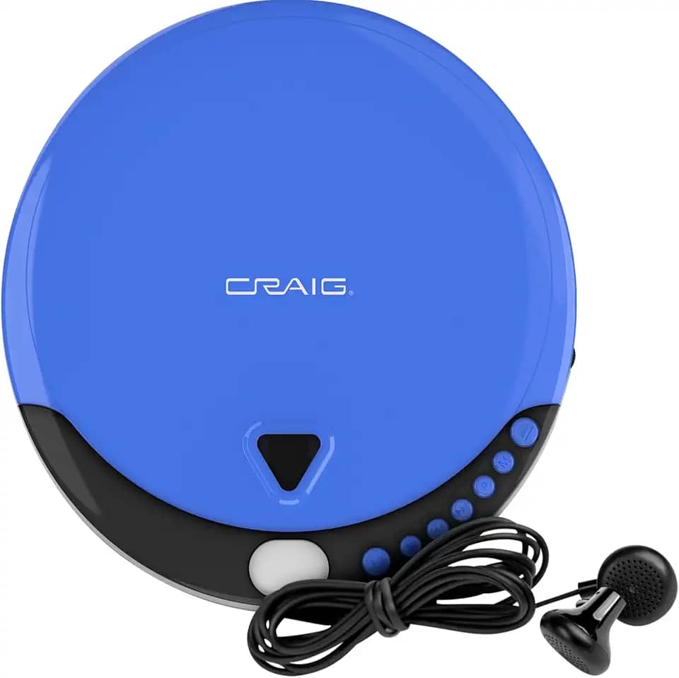 Craig Leitor de CD pessoal CD2808-BL com fones de ouvido em azul e preto | Leitor de CD portátil e programável | Compatível com CD/CD-R | Modos de reprodução aleatórios e repetidos |