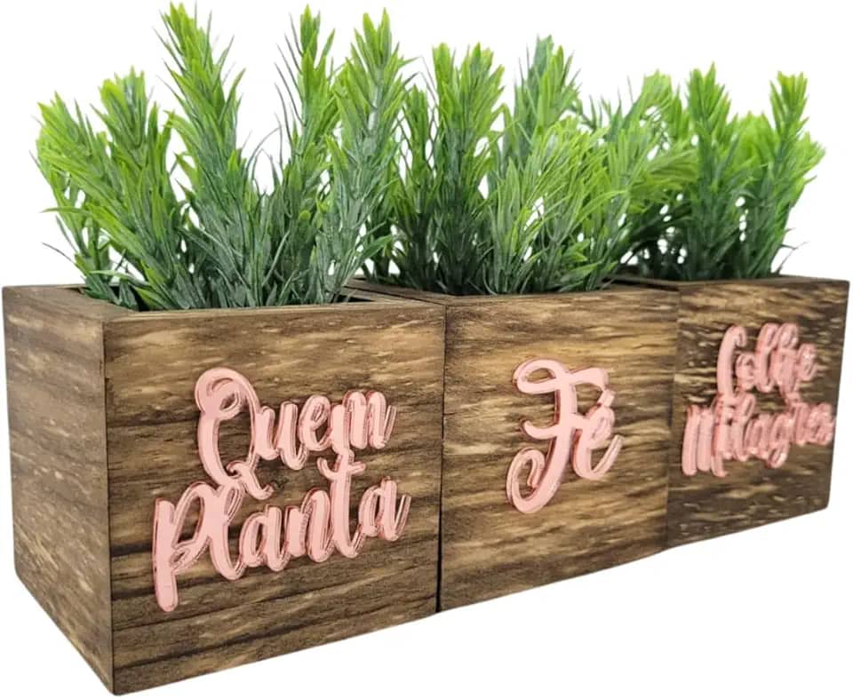 Trio Vasinhos Decorativos - Quem Planta Fé, Colhe Milagres - Acrílico Espelhado Rosê - Decoração de Salas e Ambiente Interior Enfeite de Luxo Elegante