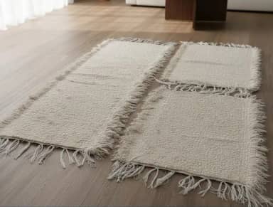 Jogo de Tapetes de Algodão Boho, 3 Peças, 2 Tapetes e 1 Passadeira, Branco (Bege)