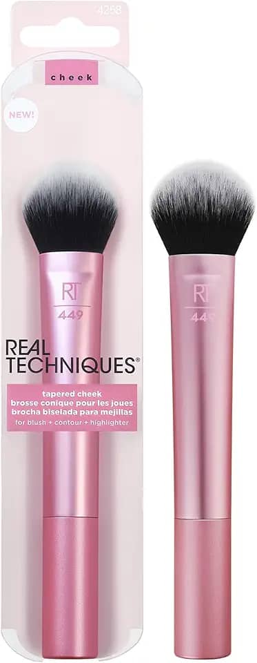 REAL TECHNIQUES Pincel de maquiagem afunilado para bochecha, para blush, iluminador ou pó solto, cerdas macias, aplicação de maquiagem precisa, 1 unidade, rosa