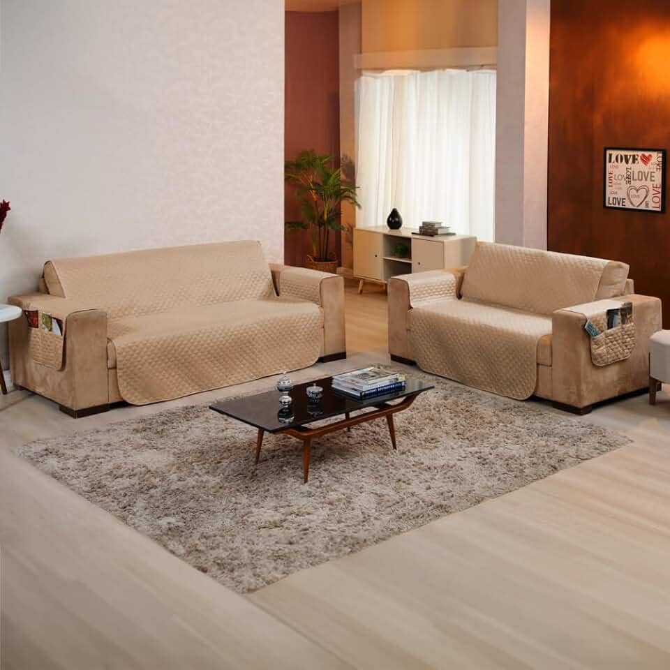 Kit Protetor de sofá 2 e 3 Lugares Tecido Macio - Ideal para Casas com Pets e Crianças, Fácil de Lavar e Colocar, Custo-Benefício Incrível – FV Enxovais (Avelã, Kit 2 e 3 Lugares)