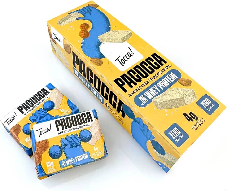 Paçoca com Whey Protein TOCCA – Zero Açúcar, sabor Tradicional, 4g de Proteína (276g - display com 12 und de 23g)