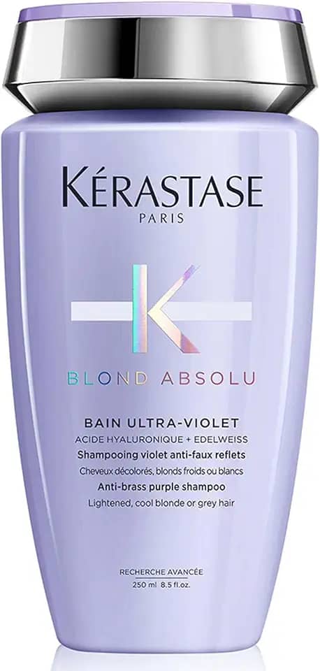 Kérastase Shampoo Blond Absolu Bain Ultra-Violet, Cabelos loiros, descoloridos, Hidratação, neutraliza os tons amarelados, Ácido Hialurônico, Flor de Edelweiss, 250 ml