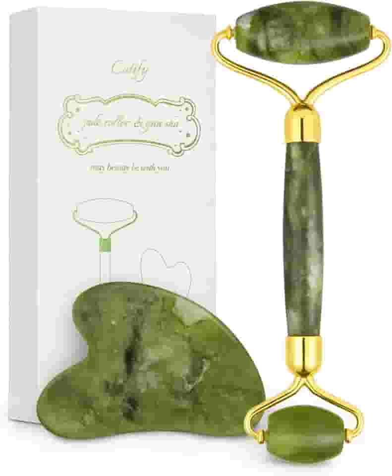 Conjunto de rolo de jade e Gua Sha, rolo facial, rolo facial antienvelhecimento Cotify, ferramenta massageadora de beleza de jade verde natural, ferramenta de cuidados com a pele para rosto, pescoço,