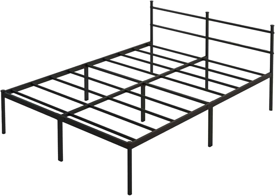 Estrutura de cama metálica resistente com cabeceira e espaço de armazenamento, não requer colchão, fácil montagem, altura 34 cm, preto (Queen (padrão dos EUA))