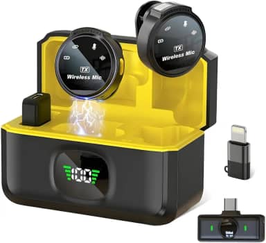 Microfone de Lapela Sem Fio Tipo C e Lightning Compatível com iPhone 11 12 13 14 15 16 Mackbook Smartphones Android Entrada USB-C PC Notebook Computador IA Anti ruído Kit Duplo Case de Carregamento