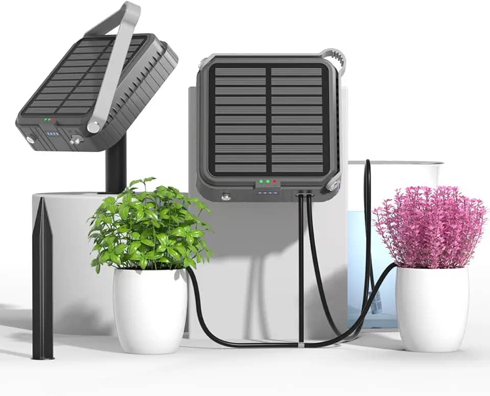 Sistema de irrigação por gotejamento automático solar, arnês de luz solar ou energia externa para uso interno e externo, chuva ou brilho! Antisiphoning, suporta até 15 vasos de plantas, design fácil