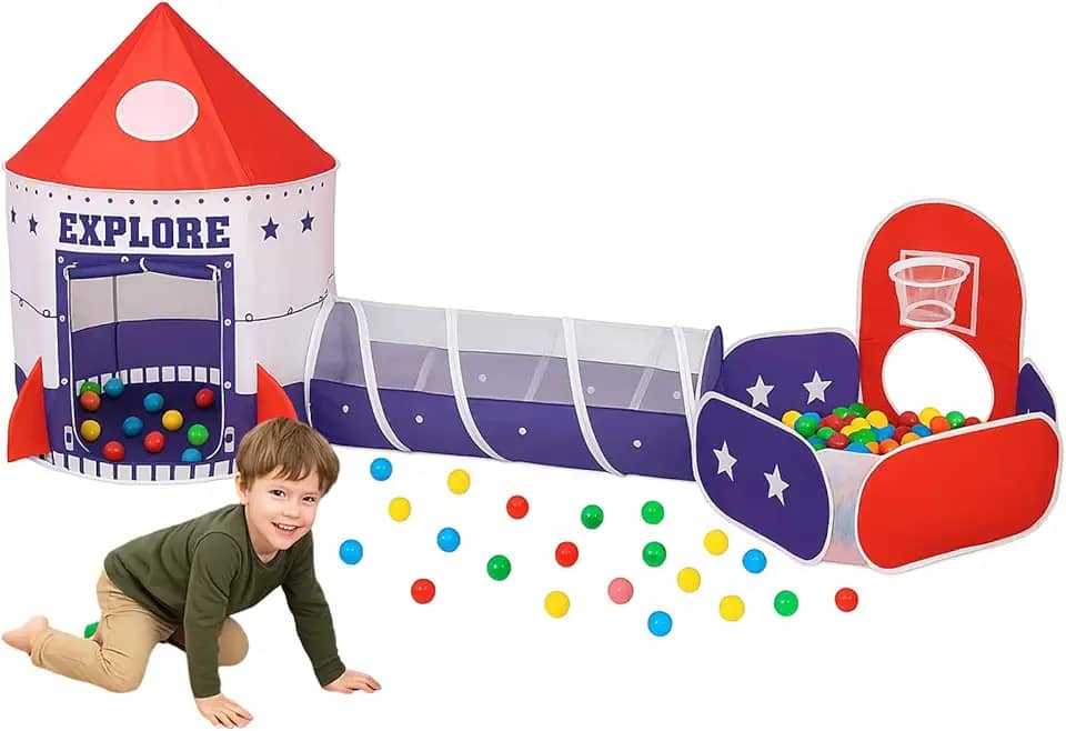 Barraca Infantil 3 em 1 com Toca Foguete, Túnel e Piscina com Cesta de Basquete - Cabana Infantil Menina e Menino para Diversão e Aventura em Casa ou Jardim