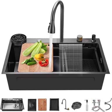 Pia de Cozinha,75X45cm Cuba de Inox,Cuba Multifuncional Inox Pia De Cozinha Gourmet Com Acessórios Pia Completa,Pia Cozinha,Tipo Cascata,Torneira Telescópica e Acessórios Completos.