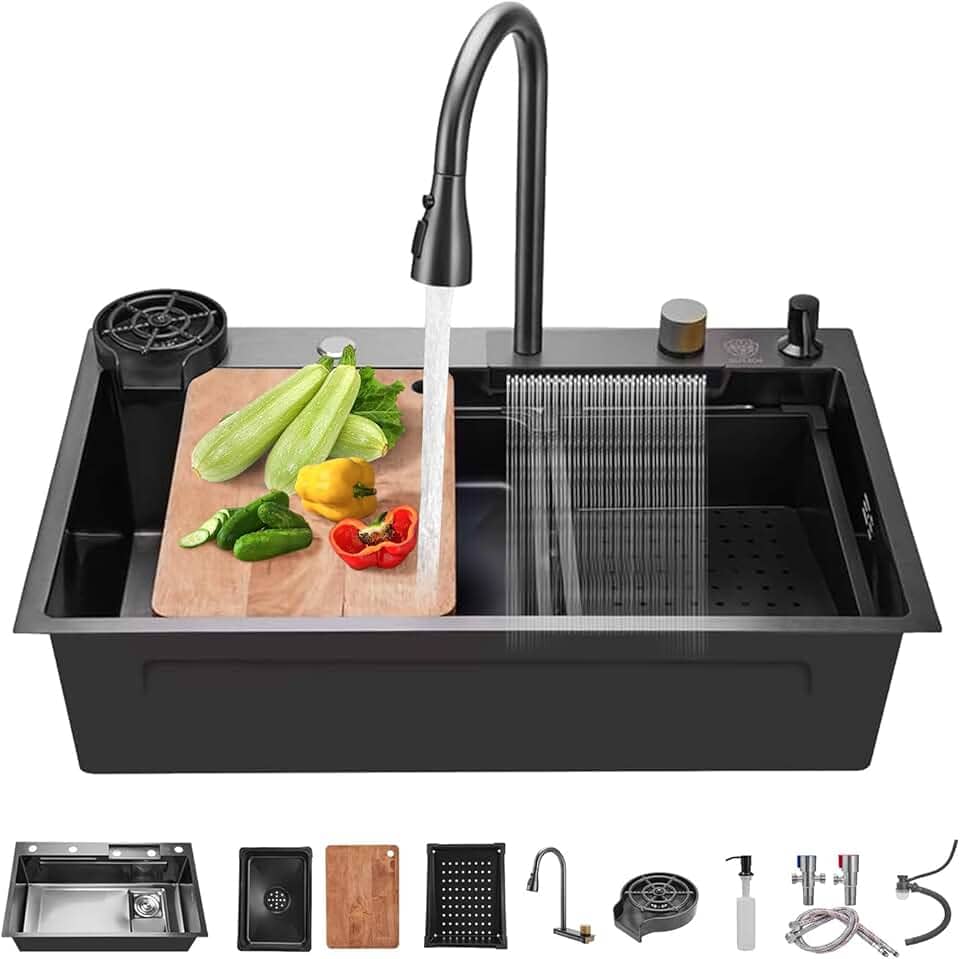 Pia de Cozinha,75X45cm Cuba de Inox,Cuba Multifuncional Inox Pia De Cozinha Gourmet Com Acessórios Pia Completa,Pia Cozinha,Tipo Cascata,Torneira Telescópica e Acessórios Completos.