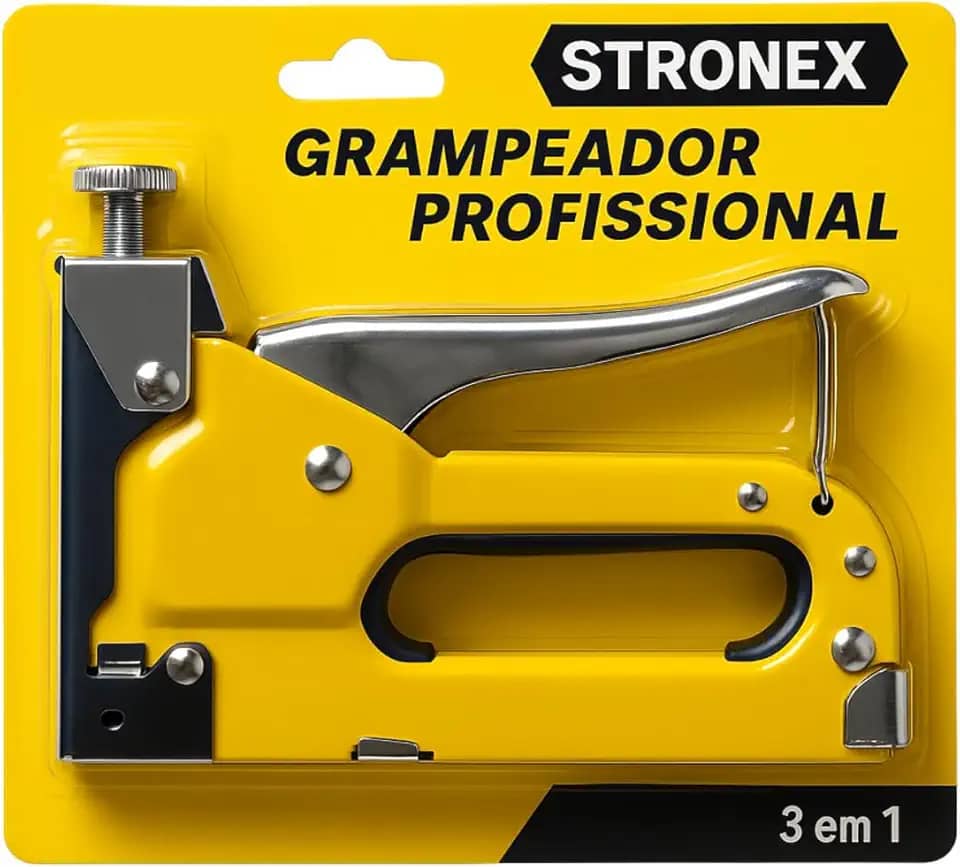 Grampeador Tapeceiro Profissional, Amarelo e Cinza, Alta Pressão, Compatível com 3 Tipos de Grampos,