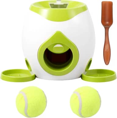 Lançador de bolas para cães, máquina interativa de lançador de bolas para filhotes com dispensador de guloseimas, brinquedos divertidos de treinamento de cães para ambientes externos e internos (verde