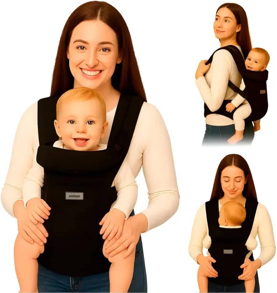 AIEBAO Carregador Canguru Para Bebê, 03 Modos de Uso, Apoio Lombar, Suporte de Cabeça, Bolso Frontal, Até 24 Meses, Suporta 25kg, Acolchoado, Fivelas Ajustáveis, Tecido, Preto.