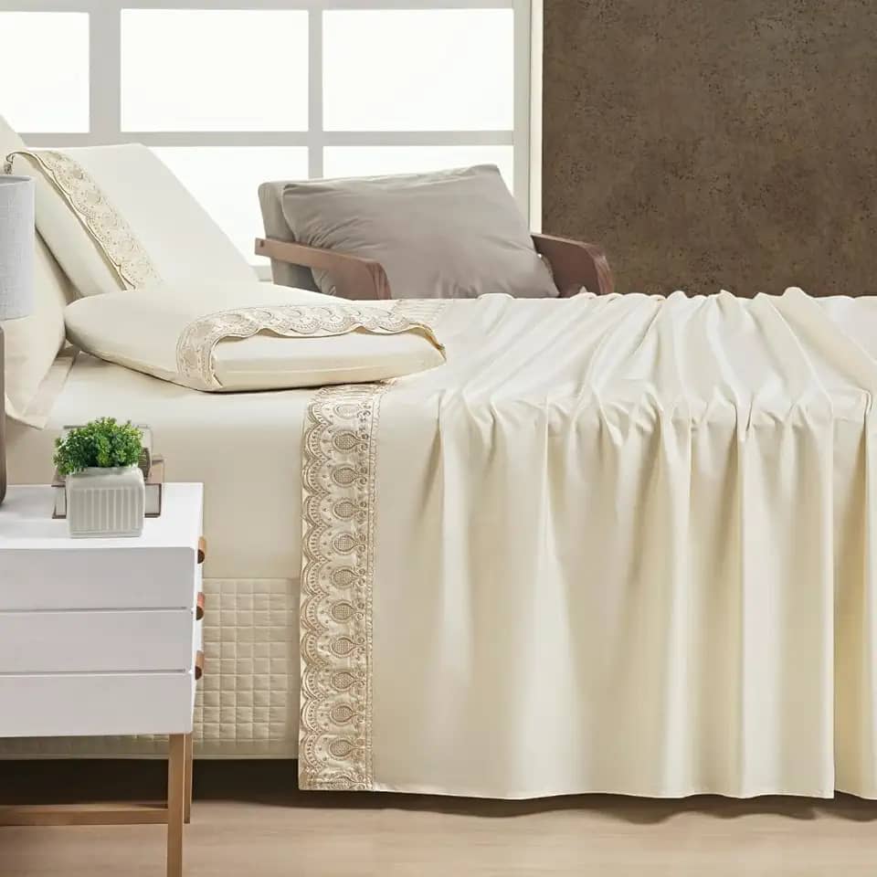 RAVATEX Casa, Jogo de Lençol Algodão Egípcio 400 Fios Queen Supreme 04 Peças Vanilla