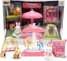 Carrossel Parque de Diversões Casinha Feliz, Brinquedo Infantil Rosa com Cavalinhos Giratórios, Balanço e Coelhinha, para Crianças +3 Anos