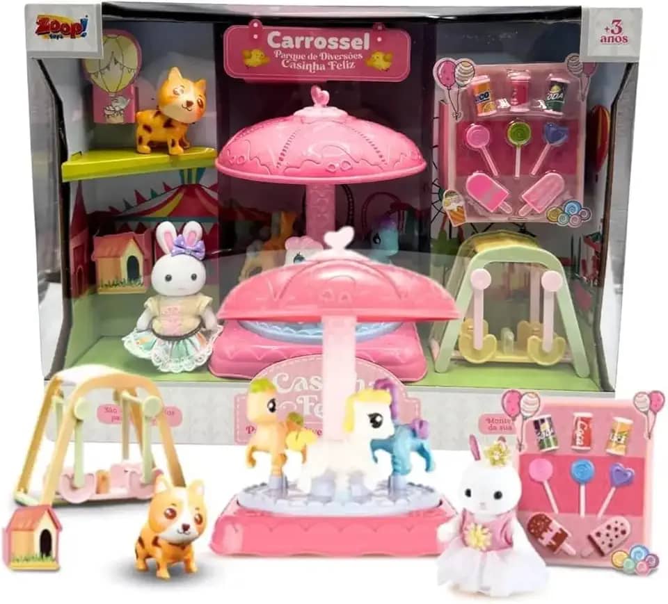 Carrossel Parque de Diversões Casinha Feliz, Brinquedo Infantil Rosa com Cavalinhos Giratórios, Balanço e Coelhinha, para Crianças +3 Anos