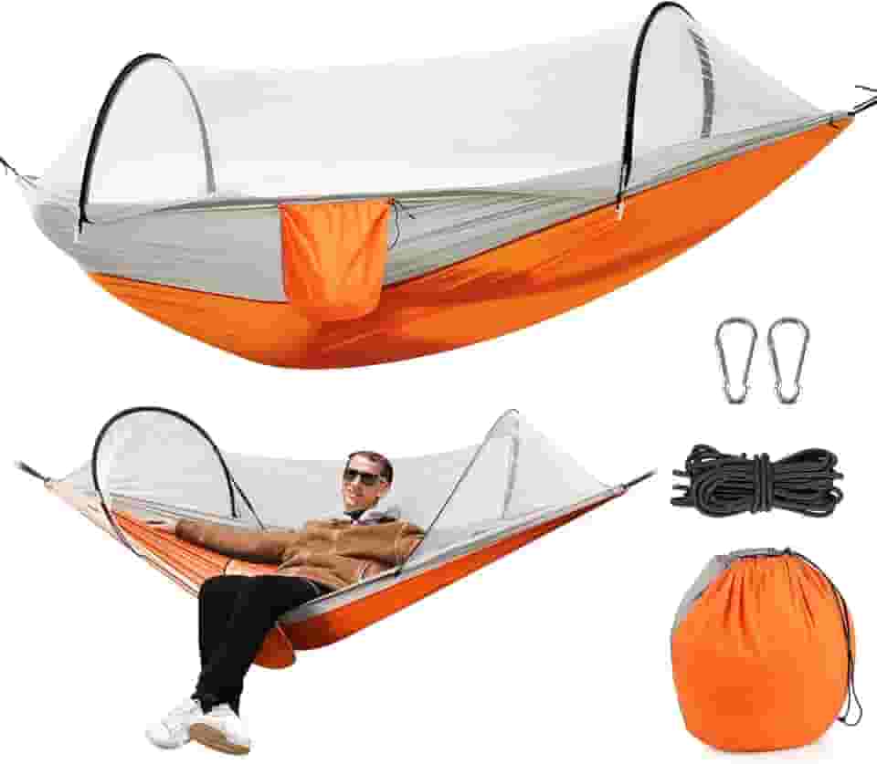 Gavzrt 260 x 140 cm Rede de Descanso com Mosquiteiro, Rede de Dormir Camping Construção Rápida, Portátil Dobrável Rede de Árvore Acampamento, Rede Camping com Nylon