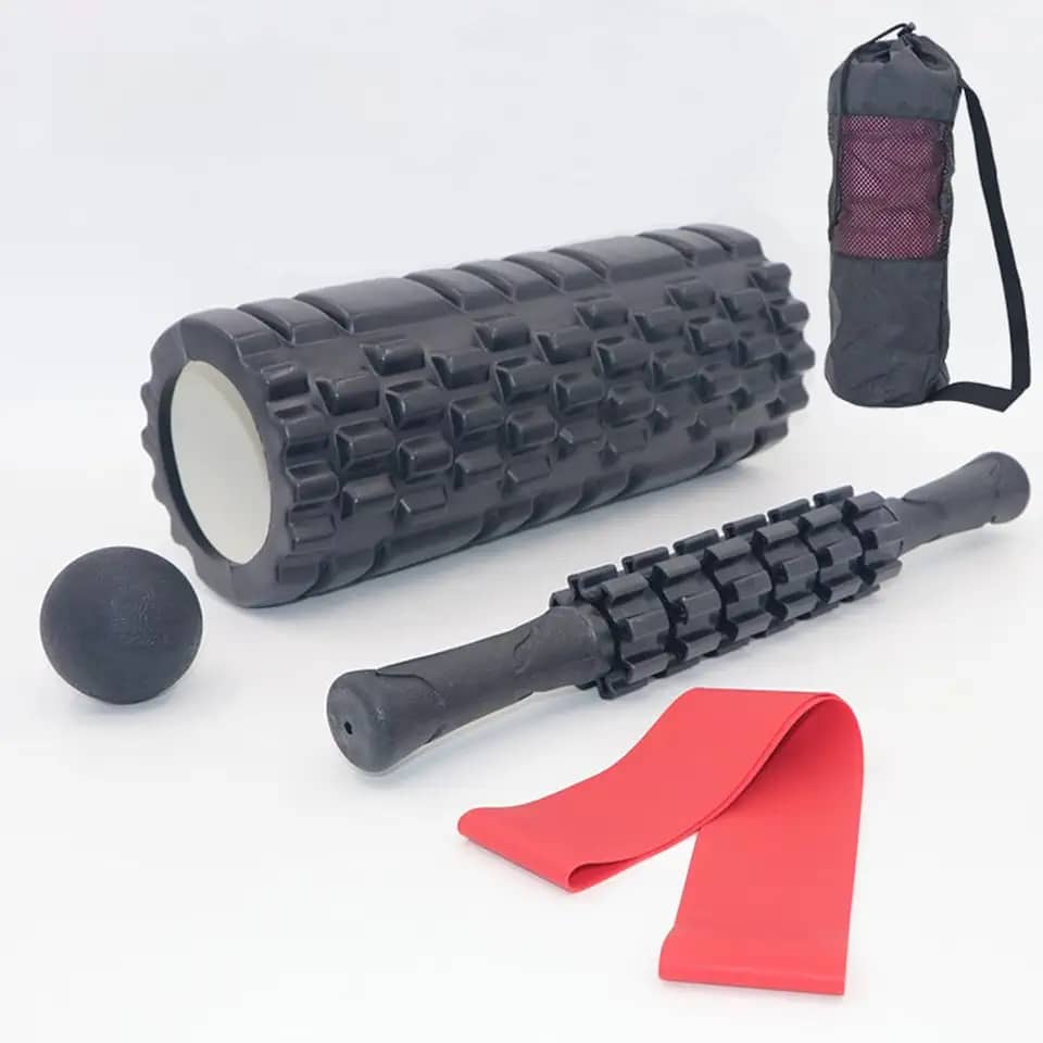 Rolo massagem liberação miofascial 5x1 foam roller com bastão massagem e bola lacrosse e mini band com bolsa pra carregar(preto)