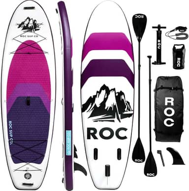 Roc Pranchas De Stand Up Paddle Infláveis De 10 Pés E 6 Pol. Com Acessórios De Prancha De Paddle Sup Premium, Design Amplo E Estável, Deck Confortável Antiderrapante Para Jovens E Adultos (Violeta)