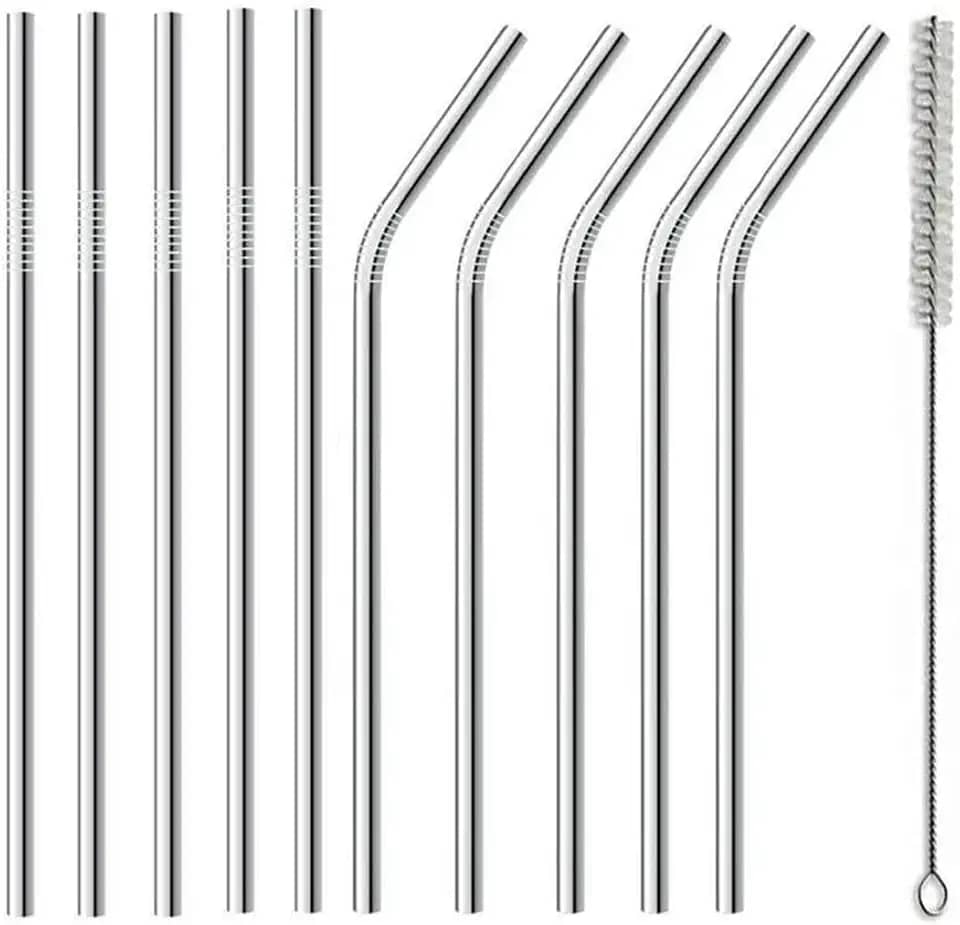 Canudo Inox Reutilizável Ecológico 10 Unidades 5 Retos 5 Curvos + Escova