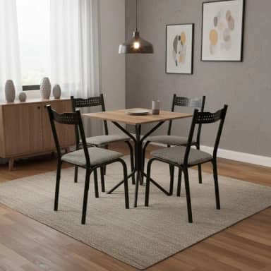 Mesa de Aço Quadrada com 4 Cadeiras de Jantar Pequena Preta - Preto e Carvalho