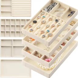 Kit 6 Bandejas Para Jóias Bijuterias Organizadores de Gaveta Com Divisorias Veludo Pu (Bege)