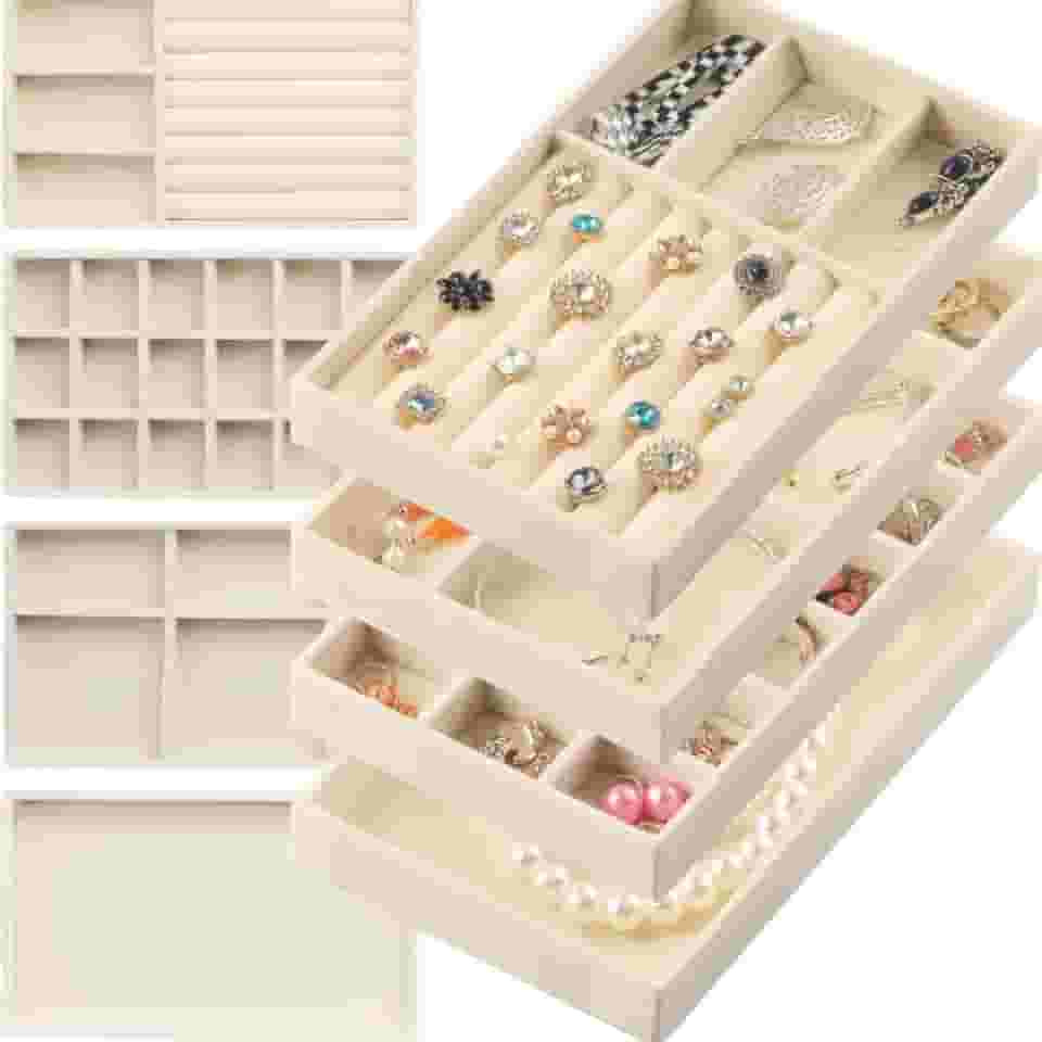 Kit 6 Bandejas Para Jóias Bijuterias Organizadores de Gaveta Com Divisorias Veludo Pu (Bege)
