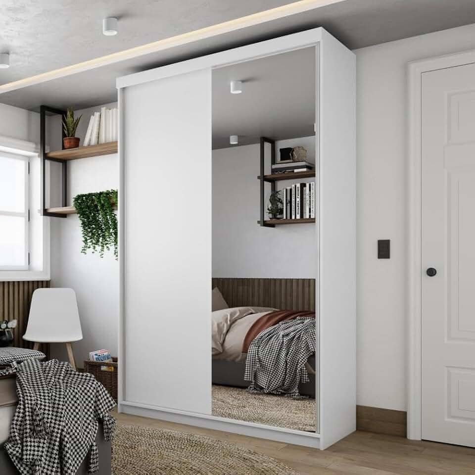 Guarda-roupa Solteiro 100% Mdf Bp com 2 Portas e 1 Espelho Geneve Branco