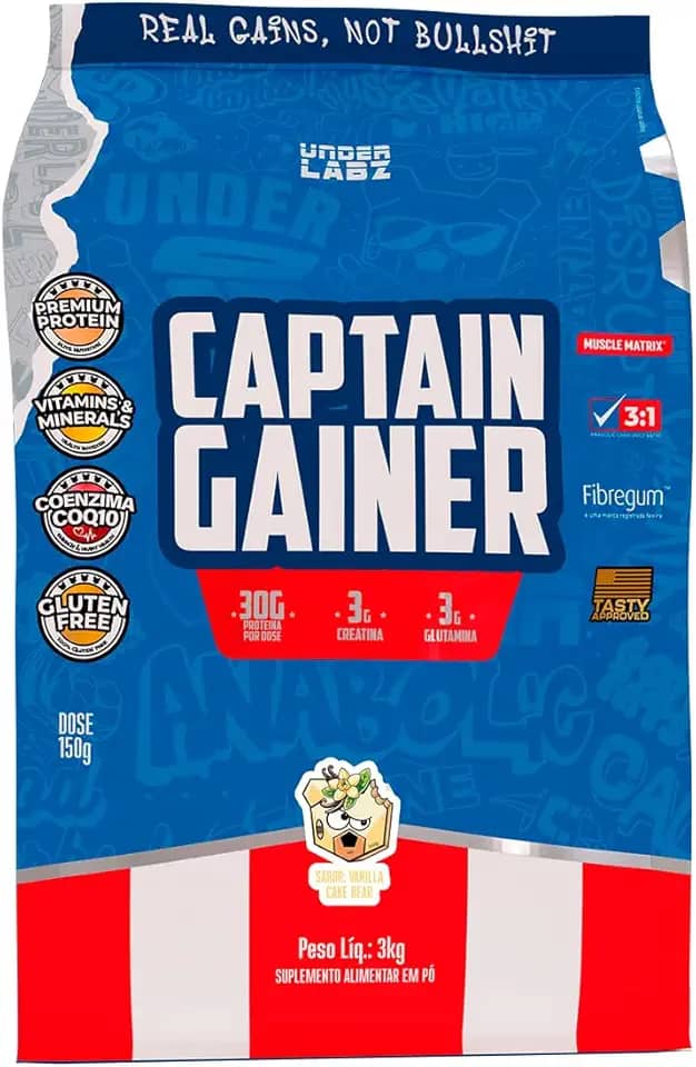 Captain Gainer Under Labz Hipercalórico Vanilla 3kg – Suplemento para Ganho de Peso e Massa Muscular com Alto Teor Calórico, Proteínas de Qualidade e Carboidratos Complexos, Energia e Força para Treinos Intensos
