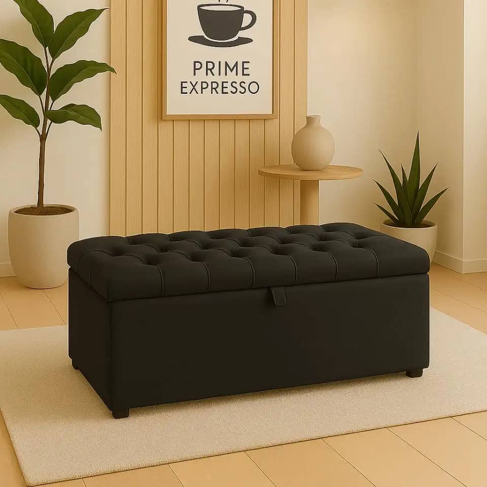 Puff Baú Pé De Cama 90 Cm Sued Capitone Armazenamento Quarto Decorativo Confortável(Preto,Tampa Capitonê 4 cm De Altura)