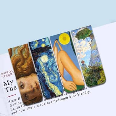 Kit 4 Marcadores de Página Magnéticos - Grandes Obras (Noite estrelada de Vincent van Gogh, Nascimento de Vênus de Sandro Botticelli, Mulher com sombrinha de Claude Monet e Tarsila do Amaral)