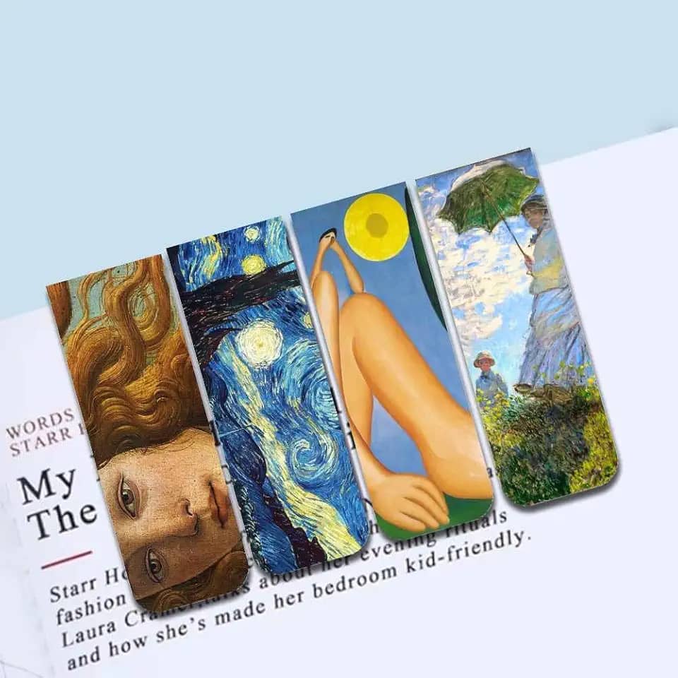 Kit 4 Marcadores de Página Magnéticos - Grandes Obras (Noite estrelada de Vincent van Gogh, Nascimento de Vênus de Sandro Botticelli, Mulher com sombrinha de Claude Monet e Tarsila do Amaral)