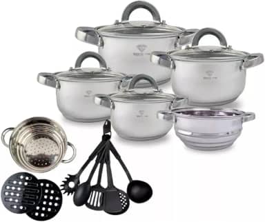 Conjunto De Panelas Aço Cirúrgico 19 Peças com Fundo Triplo Resistente Jogo de Panelas