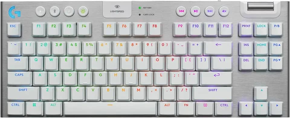 Teclado Mecânico Gamer Sem Fio Logitech G915 X LIGHTSPEED com Design TKL,RGB LIGHTSYNC, USB ou Bluetooth, Teclas Programáveis, Switch de Perfil Baixo GL Tactile e Bateria Recarregável - Branco