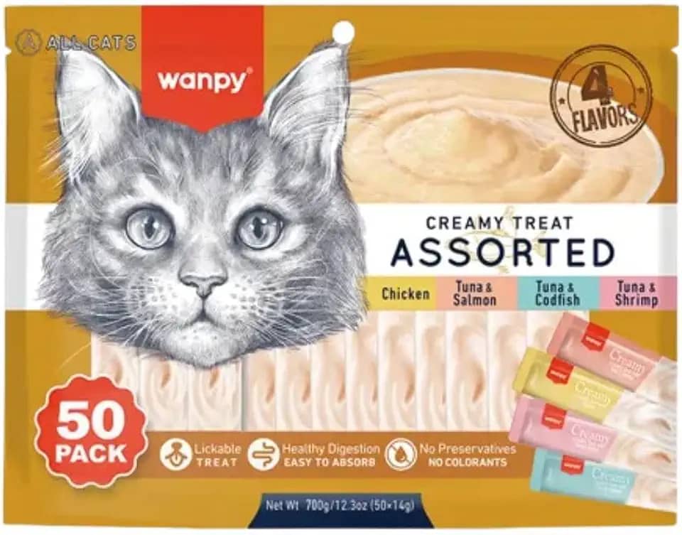 Petisco para gatos Wanpy Creamy Sabores Sortidos Pacote com 50 tubos de 14g - 700g