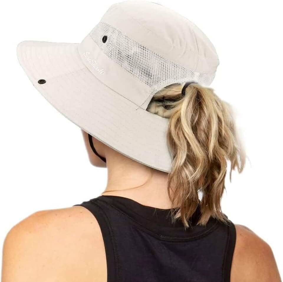 Chapéus de sol femininos dobráveis com proteção UV para uso ao ar livre, chapéu de pesca de praia de aba larga com buraco de rabo de cavalo