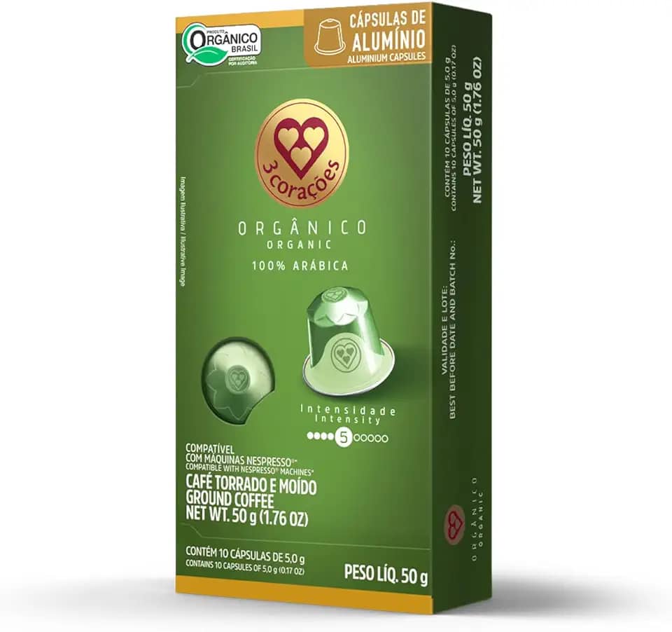 3 Corações Cápsulas de Café Orgânico, Compatíveis com Nespresso, contém 10 cápsulas