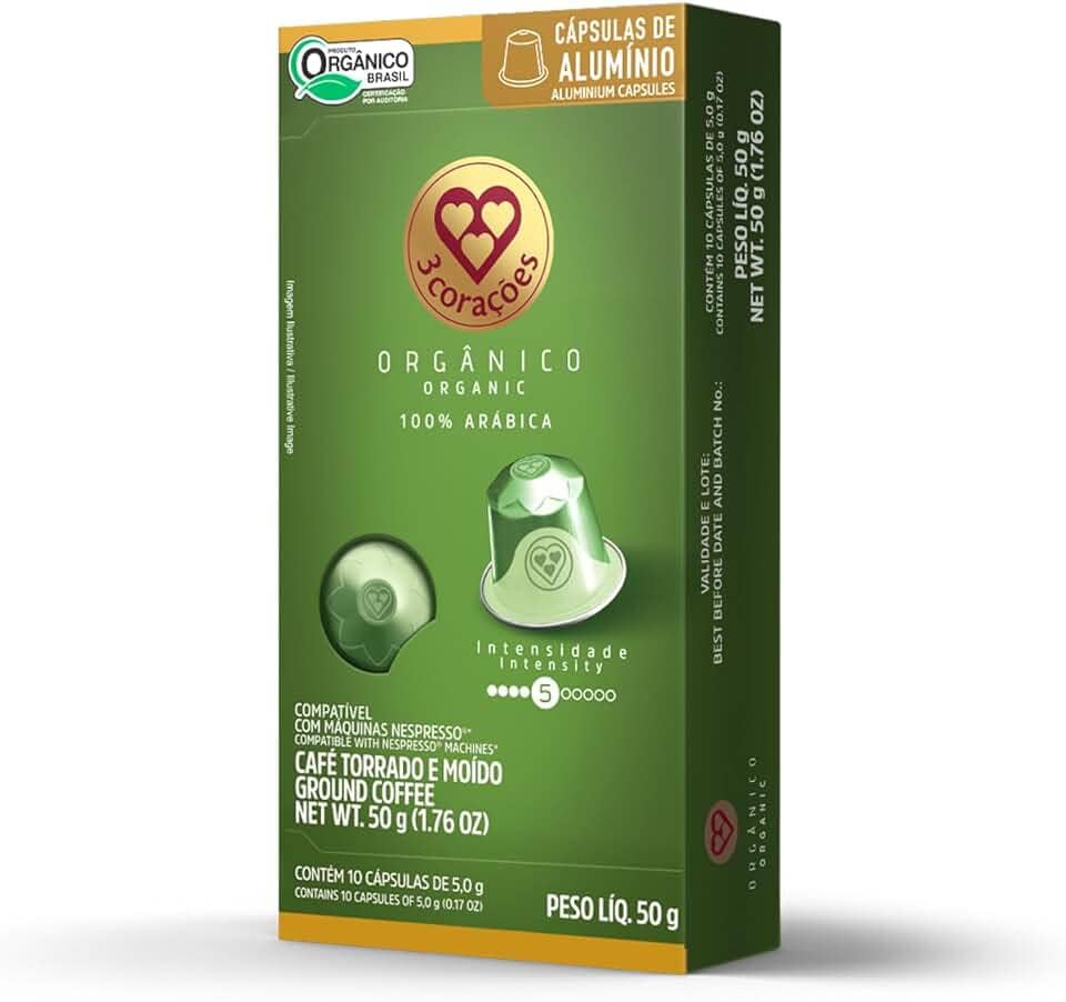 3 Corações Cápsulas de Café Orgânico, Compatíveis com Nespresso, contém 10 cápsulas