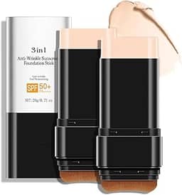 Bastão de base antirugas 3 em 1 de luxo FPS 50+ com escova, 2 peças de bastão de base fosco hidratante não pegajoso, loção protetora solar para rosto e corpo, cor clara, 3 ml